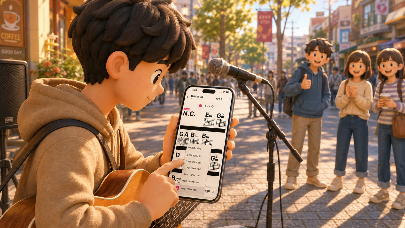 街角でスマ譜を見ながらギターの弾き語りを準備する様子