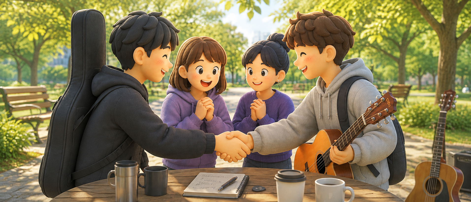 スマ譜をきっかけに出会った演奏仲間が握手を交わす様子